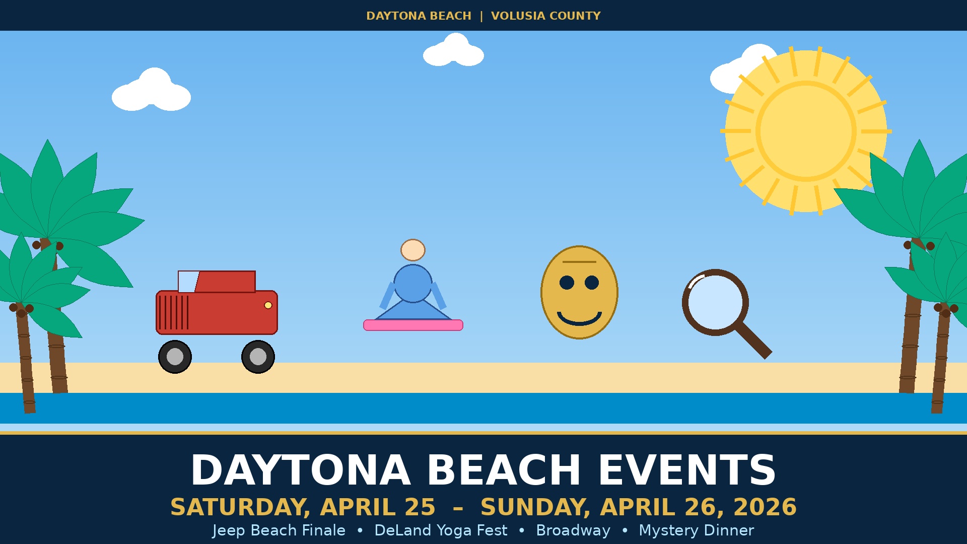 Bright illustrated guide to Daytona Beach and Volusia County events for the weekend of April 25-26, 2026 — Celtic Festival, Blueberry Fest, live music, baseball, and Earth Day celebrations