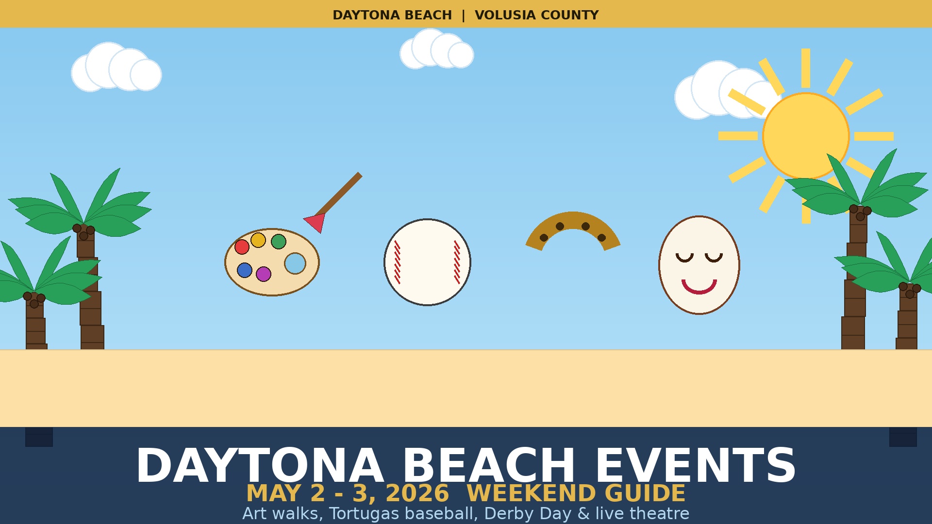 Daytona Beach Volusia County weekend events guide May 2 to 3, 2026 with art palette, baseball, horseshoe and theatre mask illustrations under bright sky and palm trees