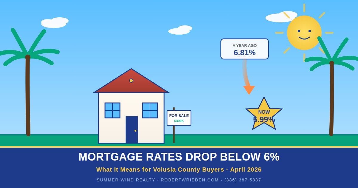 Illustrated Florida house with for-sale sign and palm trees, showing mortgage rates falling from 6.81% to 5.99% — Volusia County April 2026