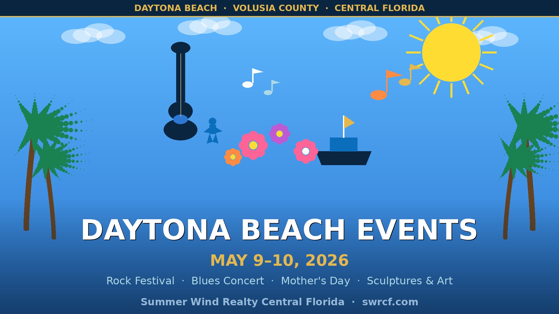 Daytona Beach and Volusia County weekend events May 9-10 2026 featuring Welcome to Rockville rock festival, blues concert, Mother's Day brunch cruise, and art sculptures