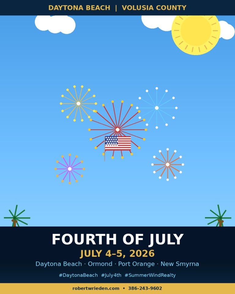 Flat illustrated fireworks and palm trees celebrating July 4th events in Daytona Beach Florida 2026