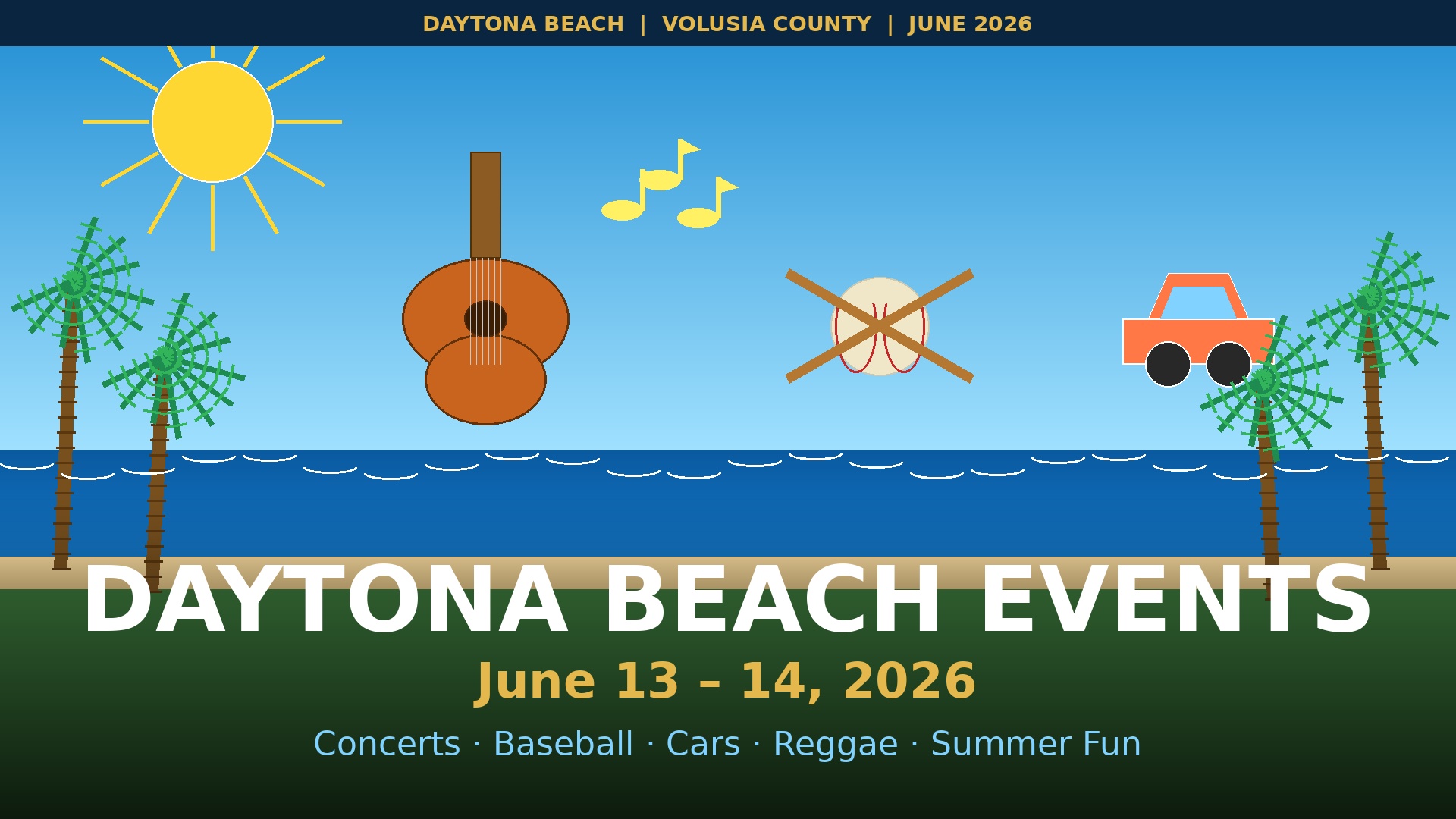 Daytona Beach summer events illustration — concerts, baseball, and classic cars along the Florida coast, June 2026