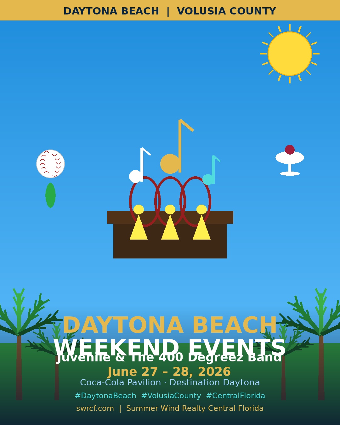 Colorful illustrated guide to Daytona Beach weekend events June 27-28 2026 in Volusia County Florida