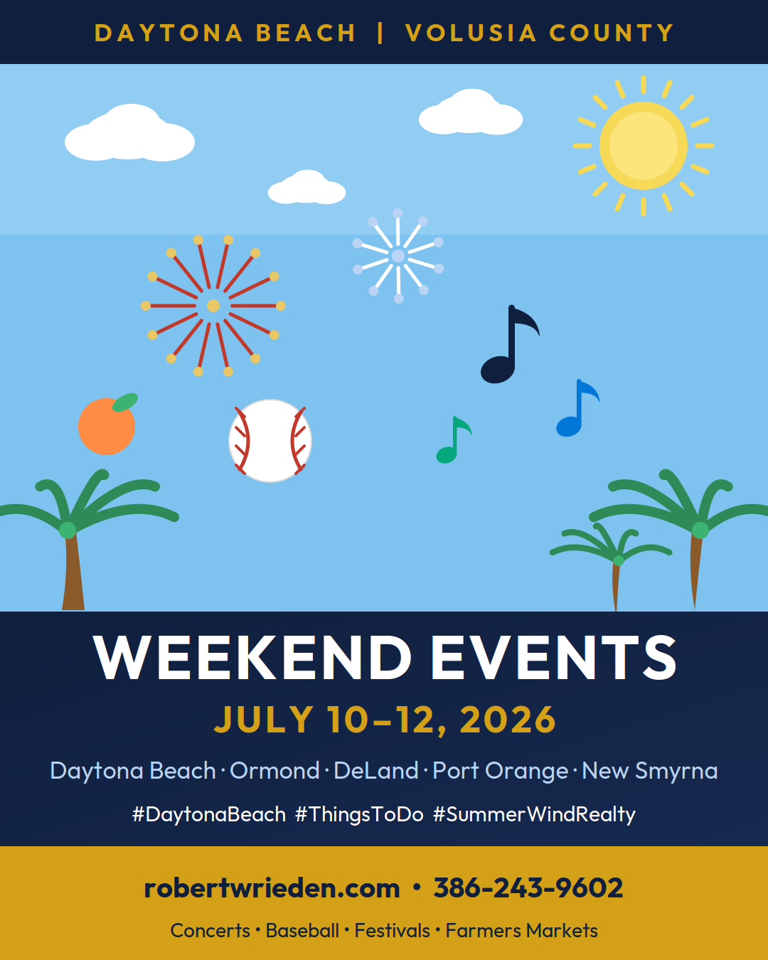 `Flat illustrated summer weekend events card for Daytona Beach and Volusia County July 10-12 2026 with fireworks, music notes, baseball and palm trees`