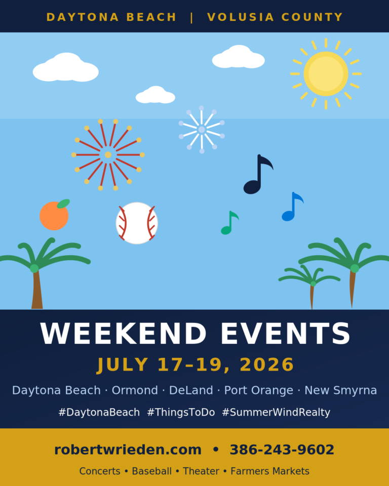 Flat illustrated weekend events card for Daytona Beach and Volusia County July 17-19 2026 with fireworks, music notes, baseball and theater masks