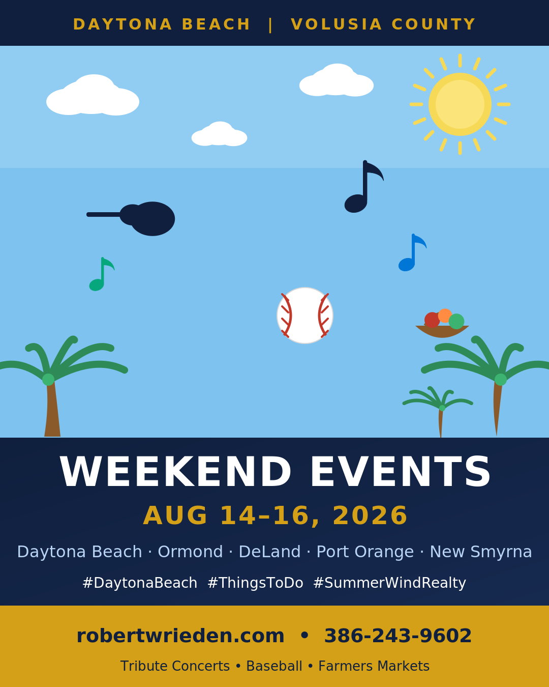 Flat illustrated summer weekend events card for Daytona Beach and Volusia County August 14-16 2026 with a guitar, music notes, a baseball and a farmers market basket