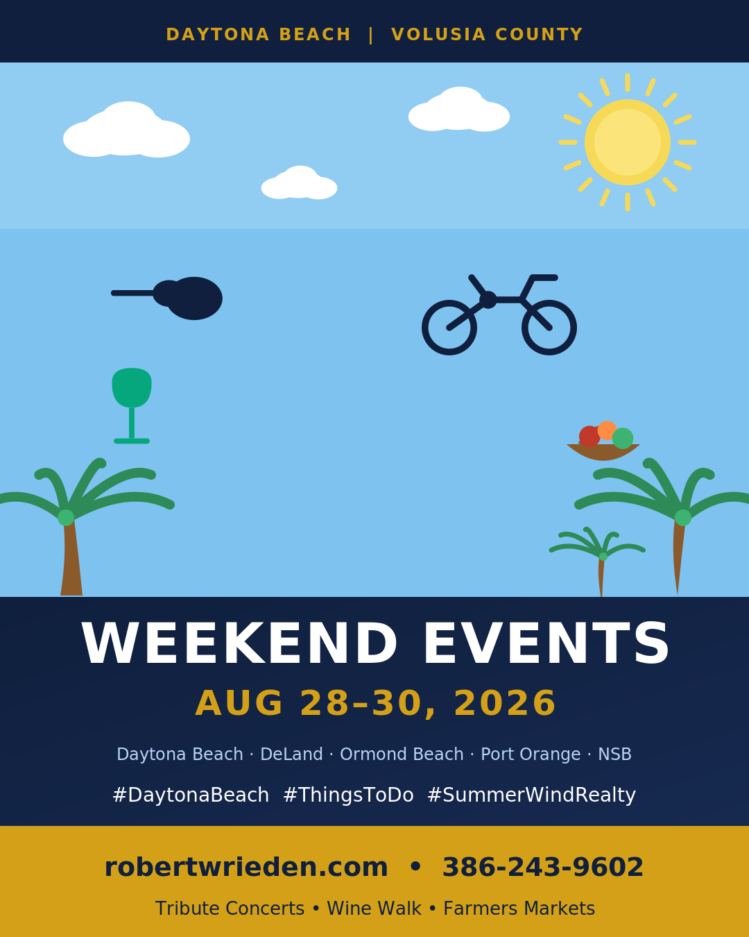 Flat illustrated late-summer weekend events card for Daytona Beach and Volusia County August 28-30 2026 with a guitar, a motorcycle, a wine glass and a farmers market basket