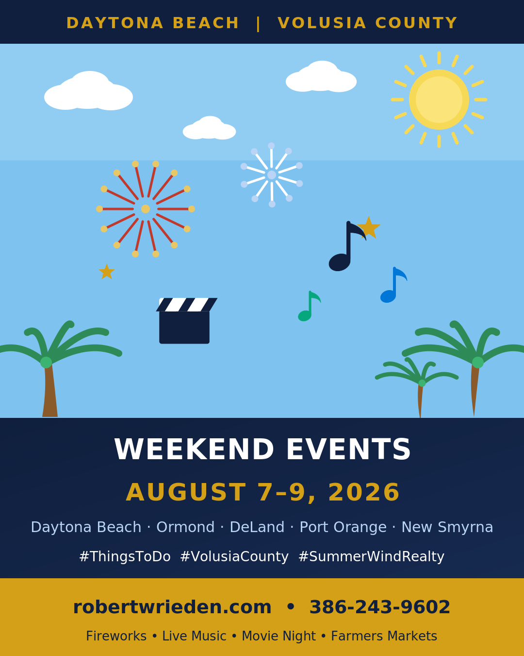 Flat illustrated summer weekend events card for Daytona Beach and Volusia County August 7-9 2026 with fireworks, a movie reel, music notes and palm trees