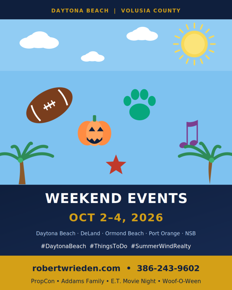 Flat illustrated weekend events card for Daytona Beach and Volusia County, October 2-4 2026, with football, pumpkin, paw print, music note, and star icons