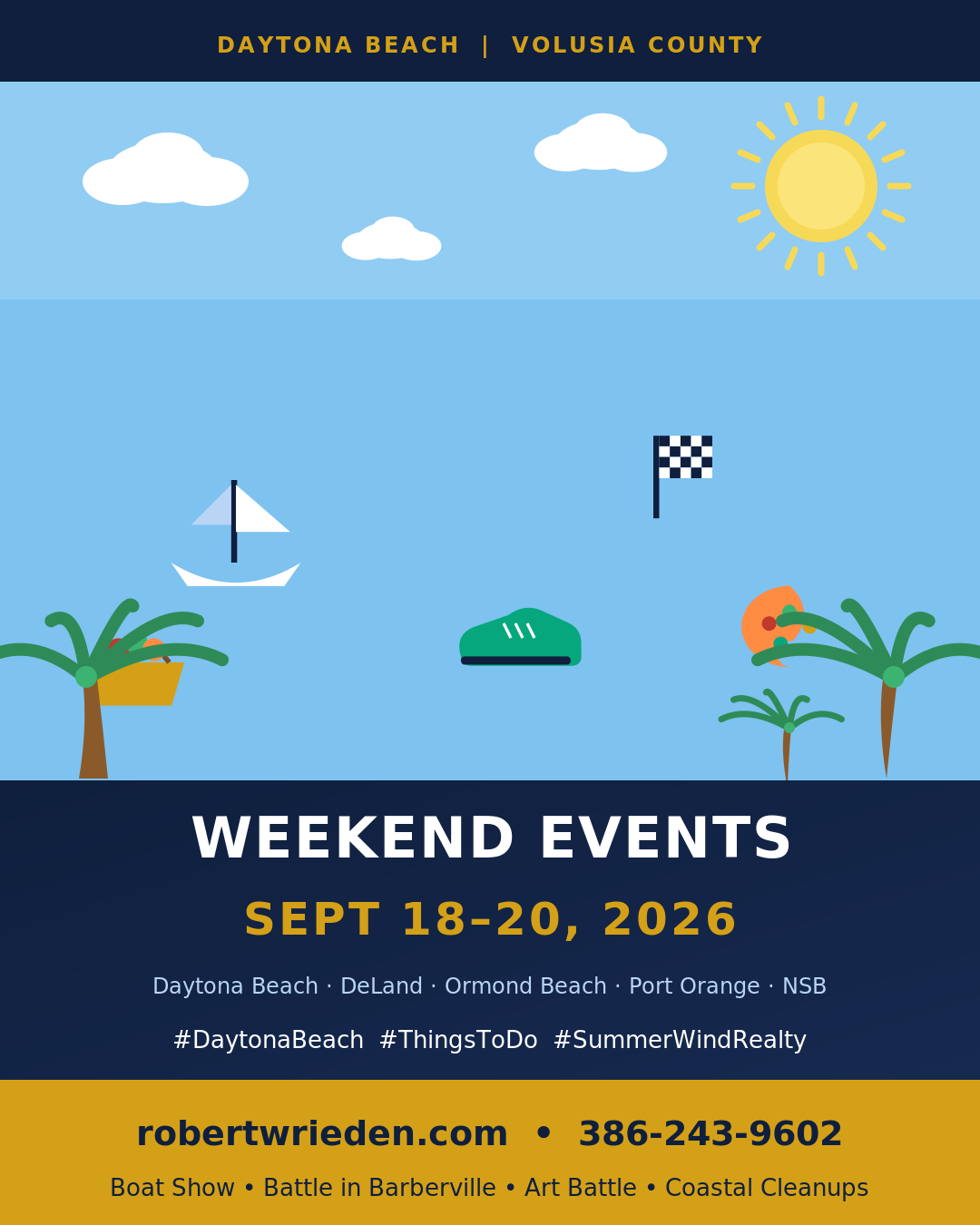 Flat illustrated weekend events card for Daytona Beach and Volusia County, September 18-20 2026, with sailboat, checkered flag, paint palette, running shoe, and farmers market basket icons