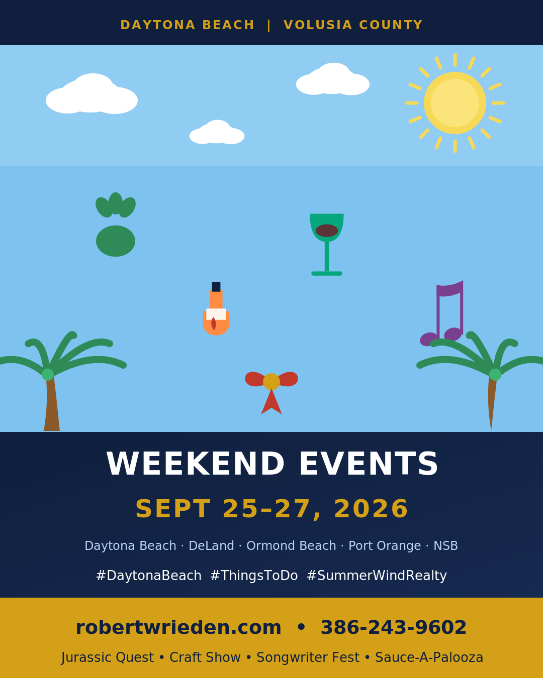 Flat illustrated weekend events card for Daytona Beach and Volusia County, September 25-27 2026, with dinosaur footprint, hot sauce bottle, wine glass, music note, and craft ribbon icons