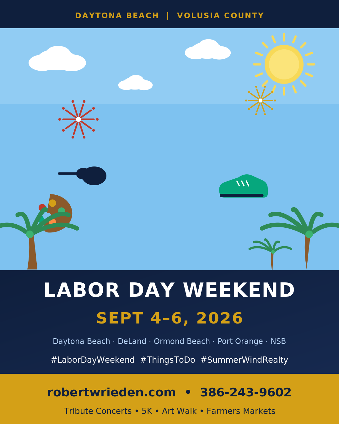 Flat illustrated Labor Day weekend events card for Daytona Beach and Volusia County September 4-6 2026 with fireworks, a guitar, a running shoe and an artist's palette