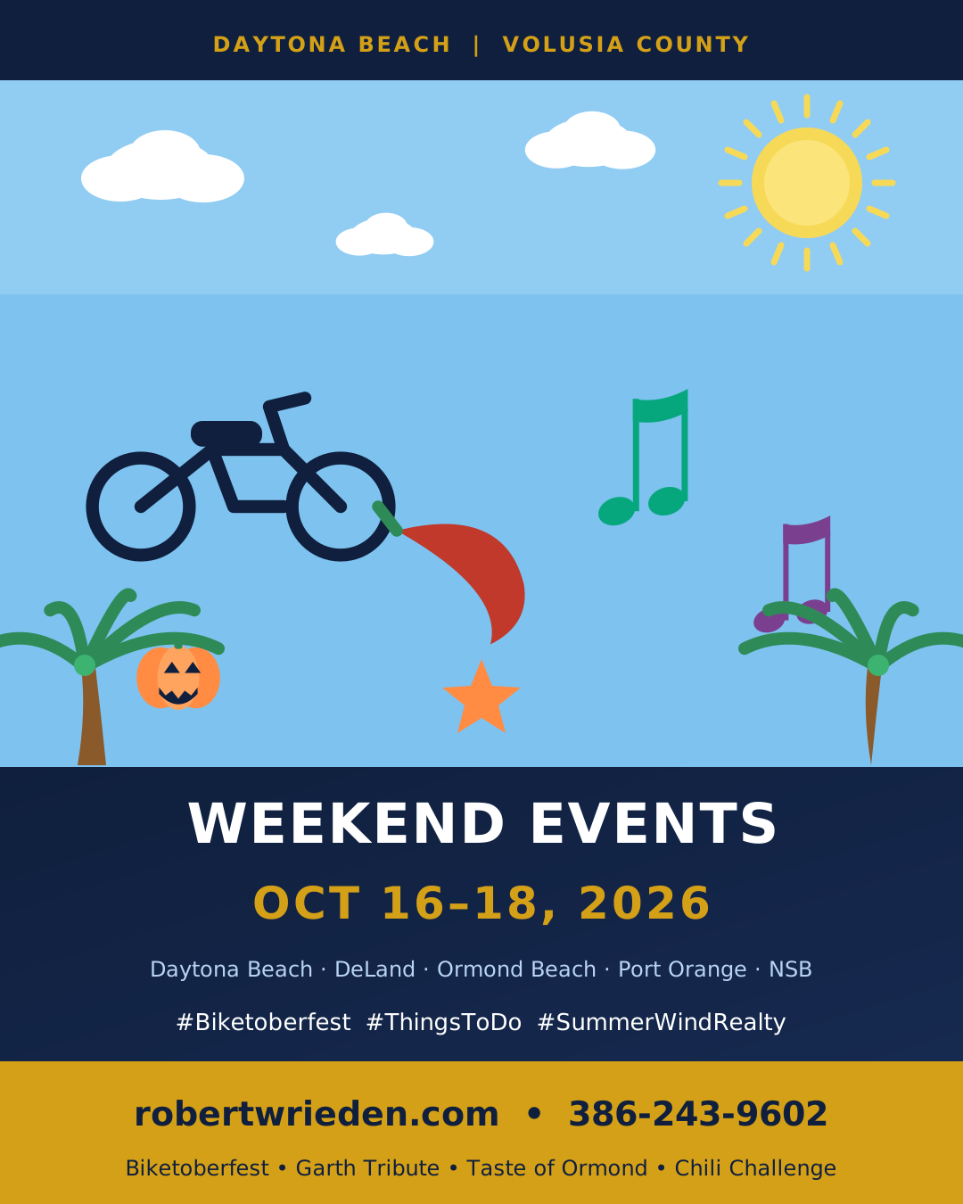 Weekly weekend events roundup graphic for Daytona Beach, DeLand, Ormond Beach, Port Orange, and New Smyrna Beach, October 16-18, 2026, created for the Summer Wind Realty Central Florida events blog series on robertwrieden.com.