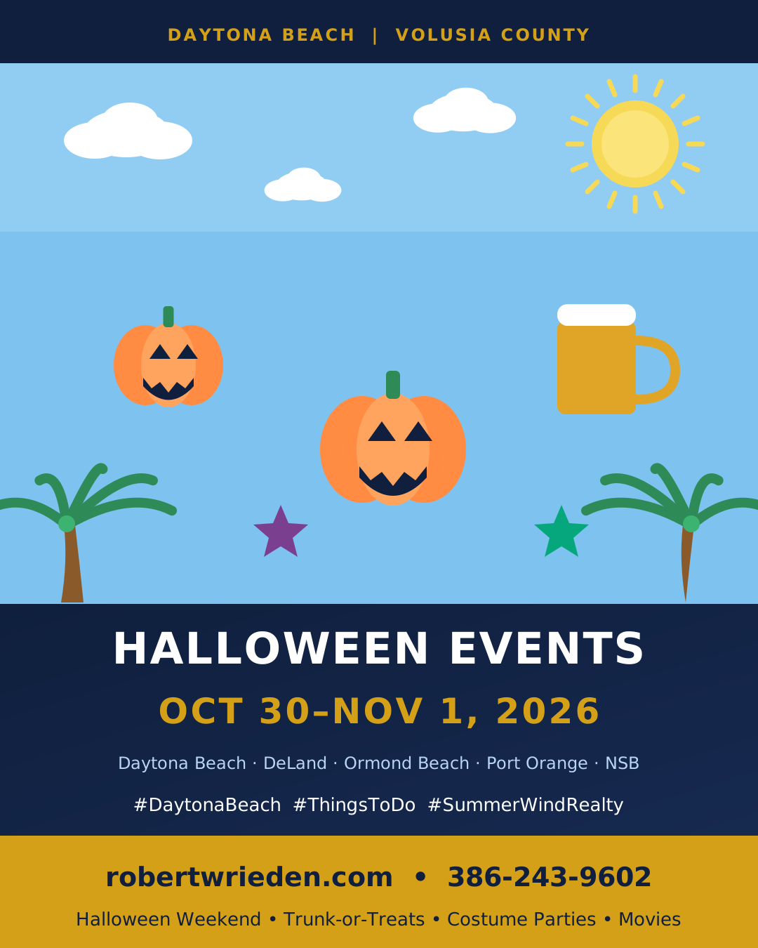 Flat illustrated Halloween weekend events card for Daytona Beach and Volusia County, October 30-November 1 2026, with jack-o-lanterns, a beer mug, stars and palm trees