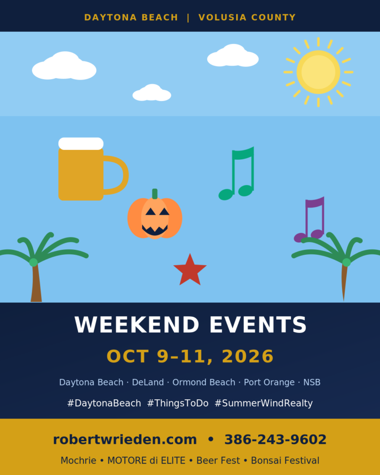 Flat illustrated weekend events card for Daytona Beach and Volusia County, October 9-11 2026, with beer mug, pumpkin, music note, and star icons